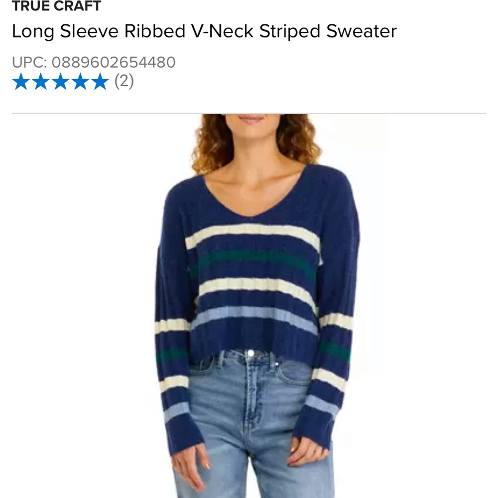 True Craft Blue and Cream Ribbed V-Neck Sweater